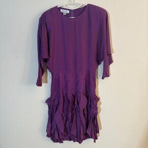 Vintage 80s Gillian 100% Silk Purple Ruffle Dress Size 12